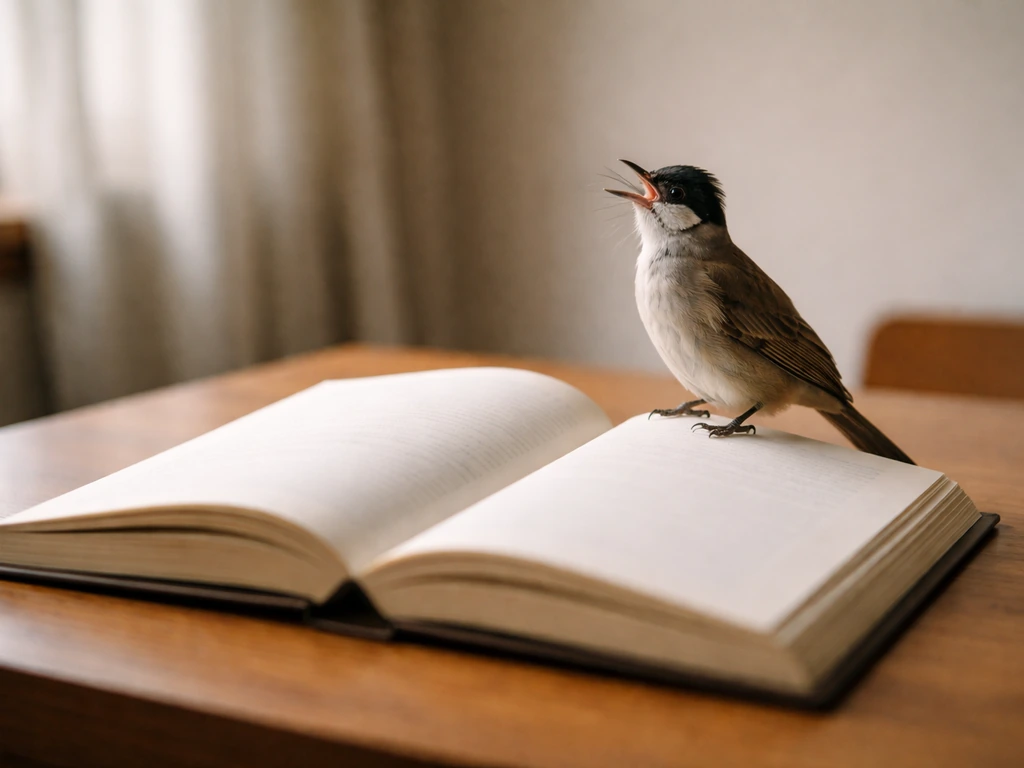 Small bulbul perched beside an open book, softly lit room evoking voice, passion, and longing.