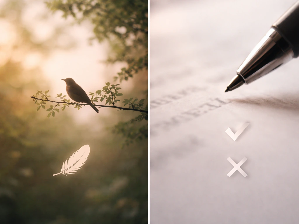 Minimal split-frame photo showing feathered nightingale vs bulbul meanings and a typography-fix cue for typos.