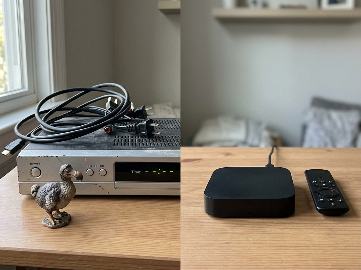 Obsolete cable TV equipment next to a toy dodo figurine to show “extinct or obsolete” use.