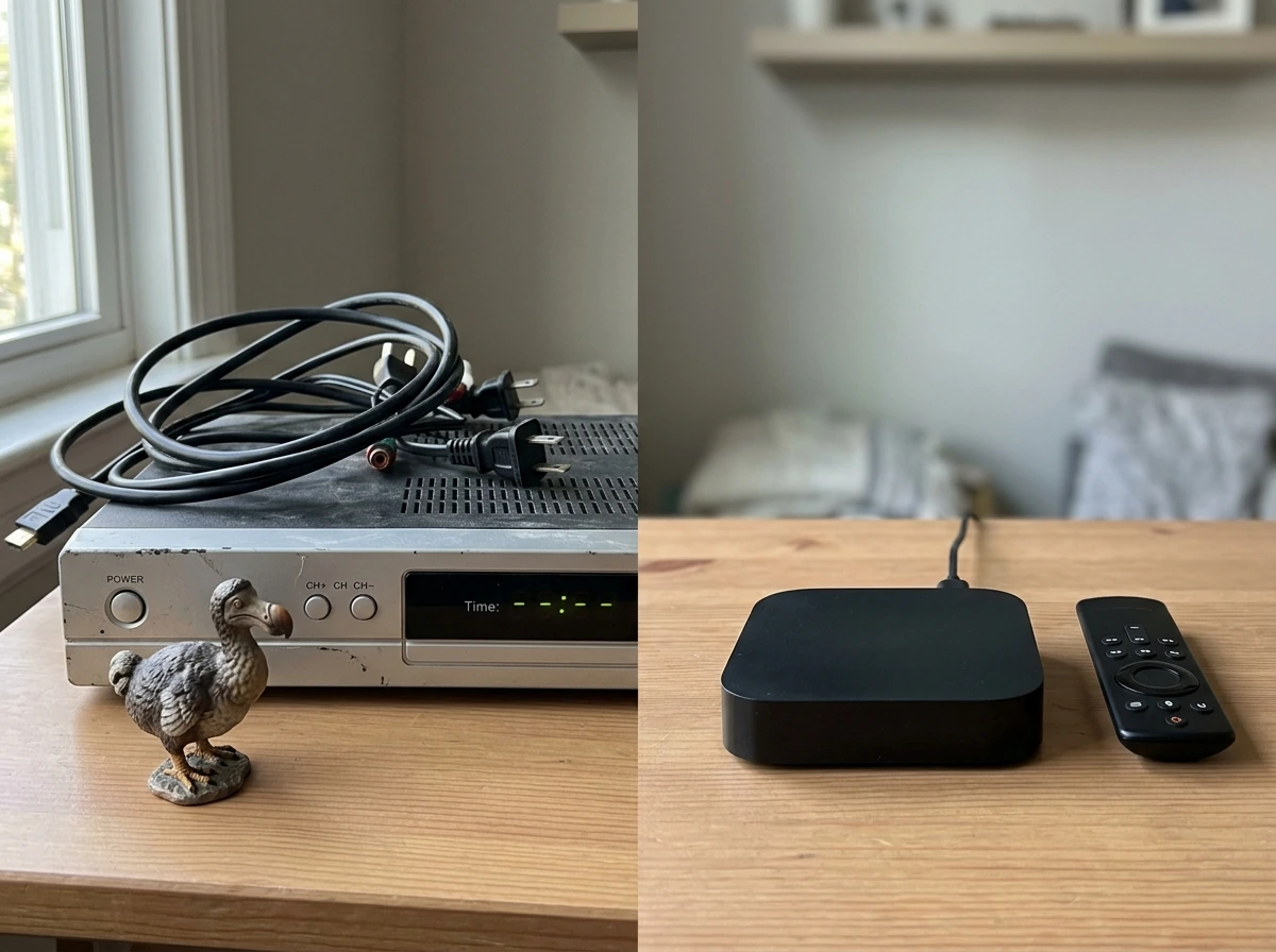 Obsolete cable TV equipment next to a toy dodo figurine to show “extinct or obsolete” use.