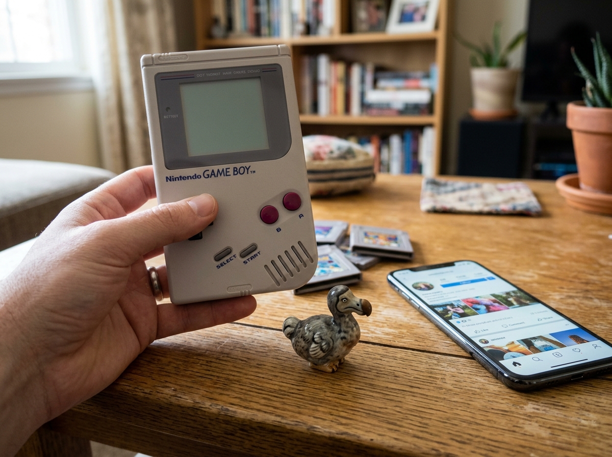 Old handheld controller and modern smartphone with a toy dodo to imply “out of touch” humor.