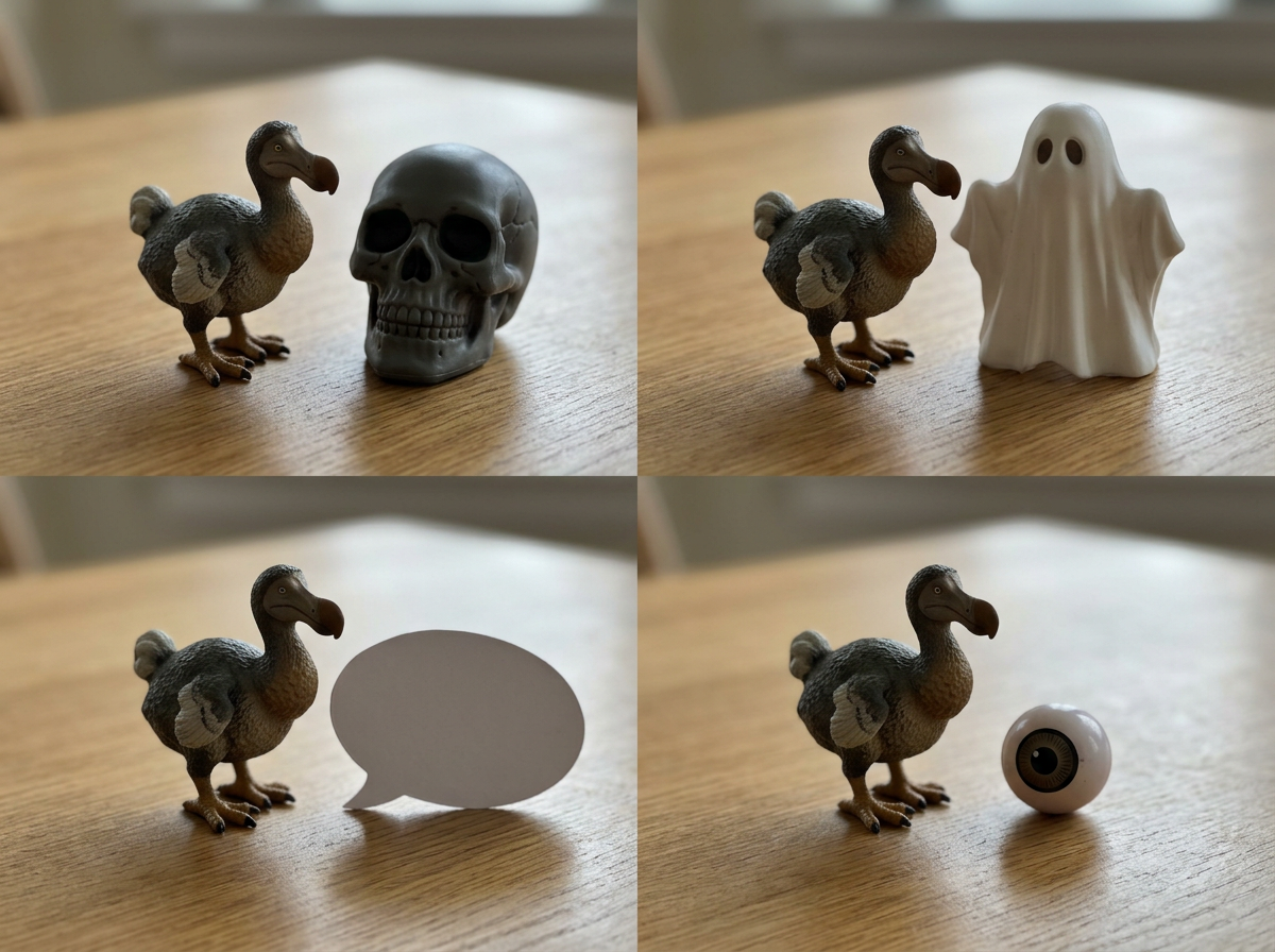 Toy dodo paired with dark, funny, and teasing props to show meaning changes with other emojis.