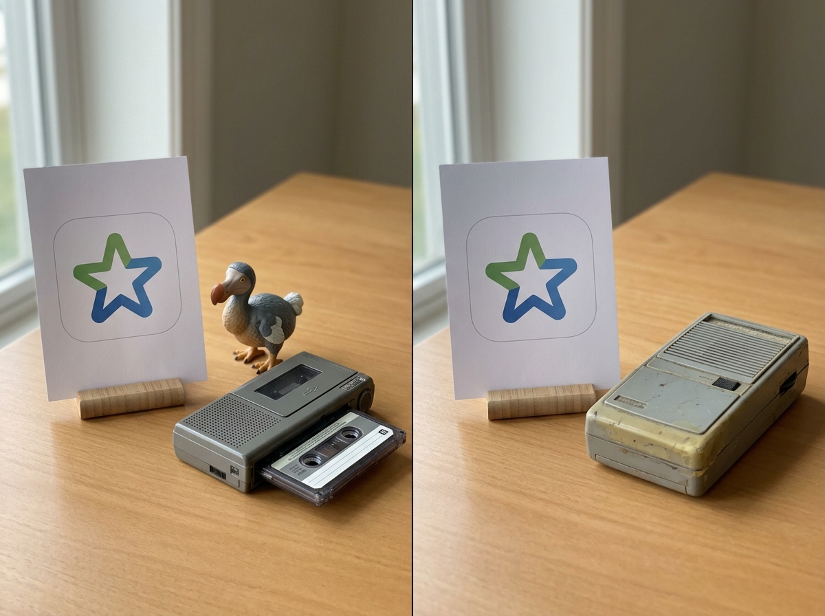 Side-by-side misread vs correct interpretation using a toy dodo and outdated tech props.