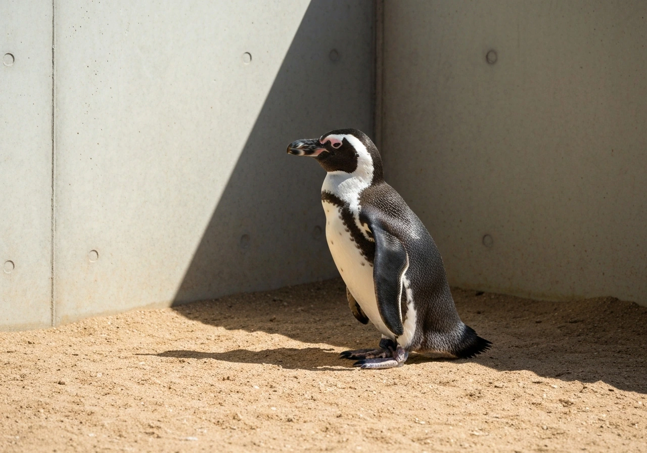 A grounded penguin standing on a sandy indoor floor, suggesting it can’t escape.