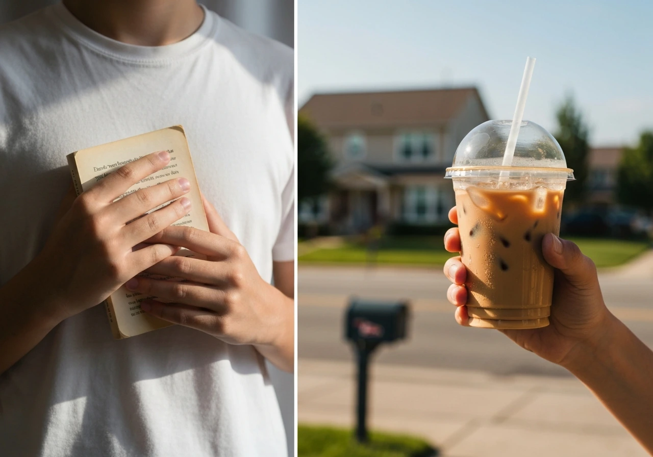 Minimal split image: soft innocence on one side, American suburban consumer cues on the other.