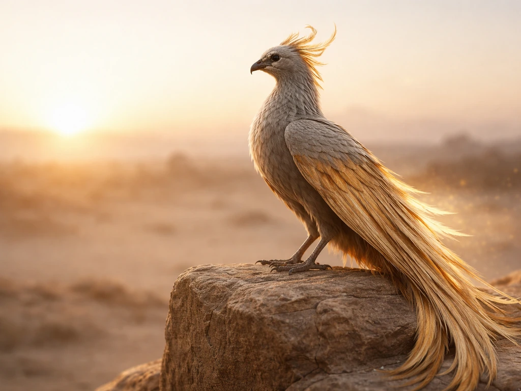 Ancient phoenix resembling the Bennu perched on sandstone at a golden Egyptian sunrise horizon.