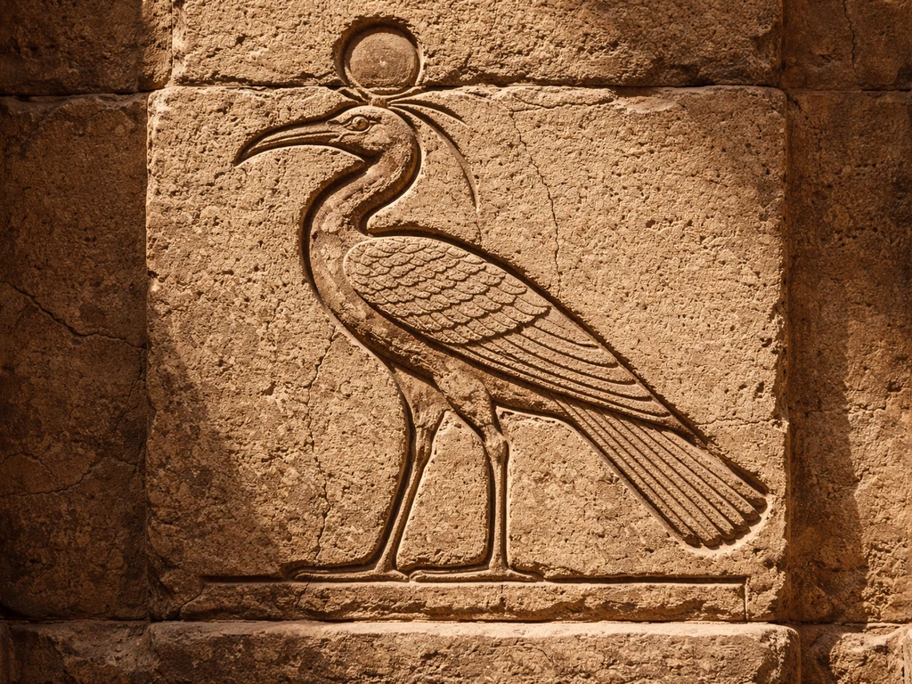 Ancient Egyptian temple wall relief of a bennu bird, sunlit stone texture and carved details