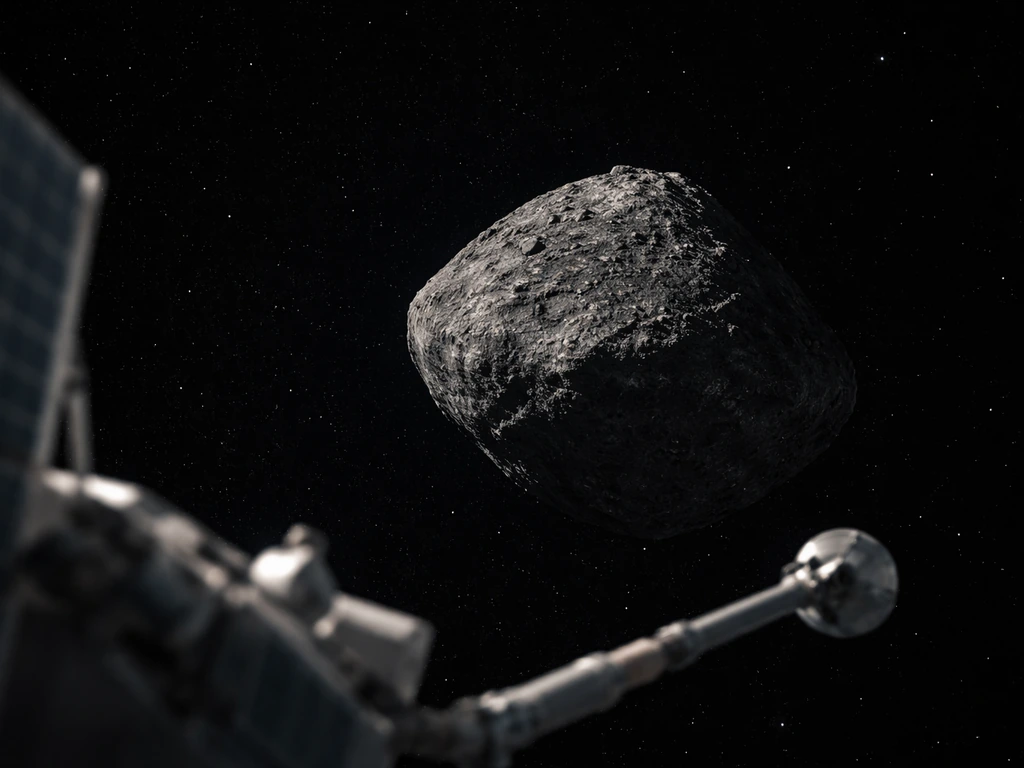 Asteroid Bennu floating in space with a spacecraft arm reaching toward it, against a starry background.