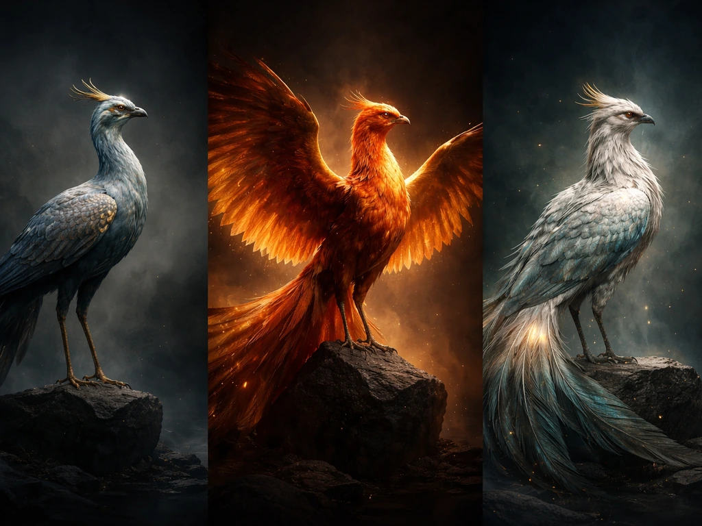 Three mythic rebirth birds—an Egyptian bennu, a Greek phoenix, and another—side by side on a simple dark backdrop.
