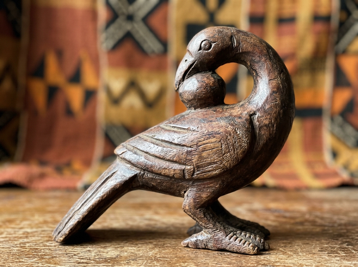 Close-up of a Sankofa bird sculpture with head turned back and feet pointing forward