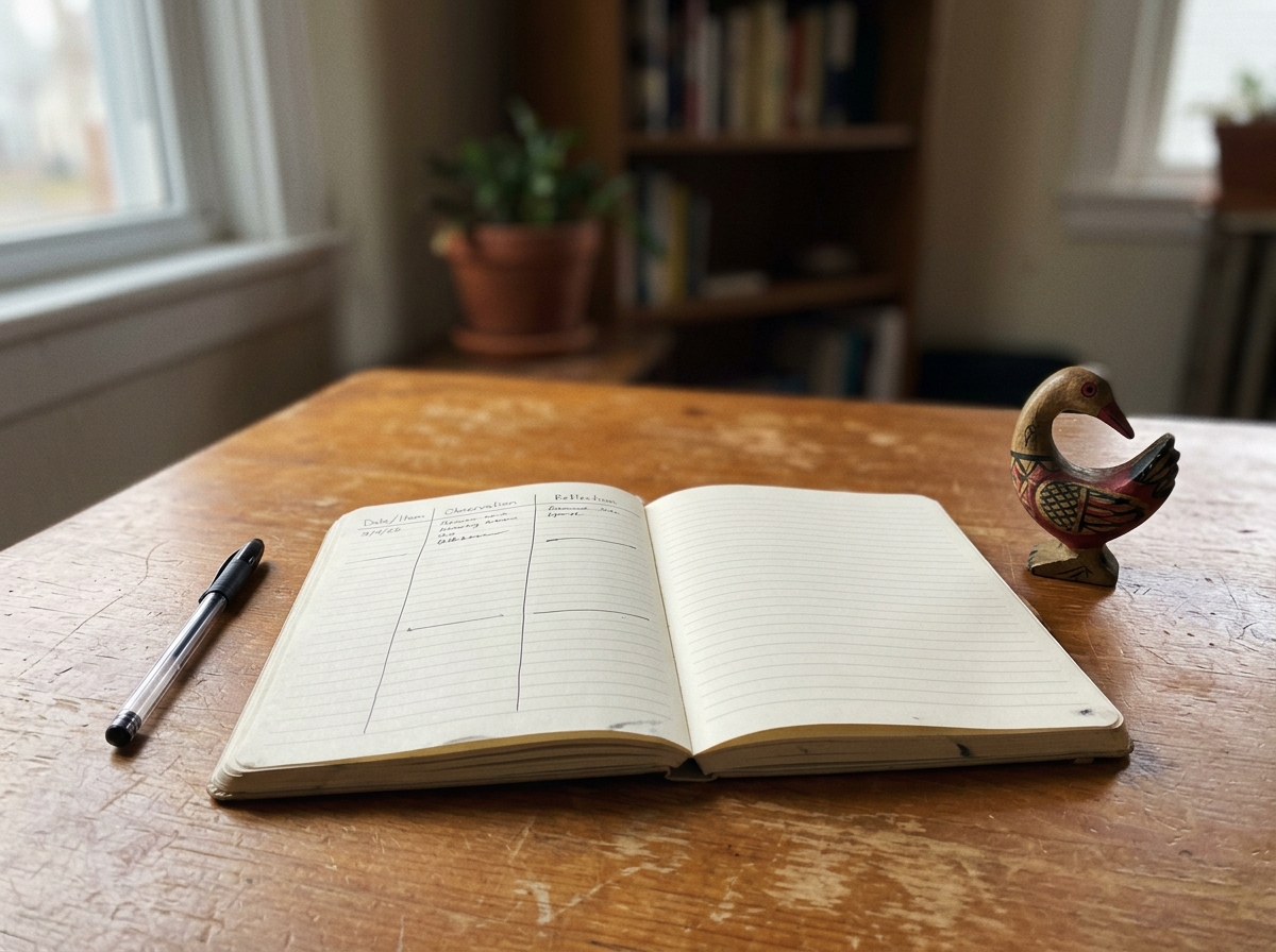 Notebook reflection setup with a small Sankofa bird ornament