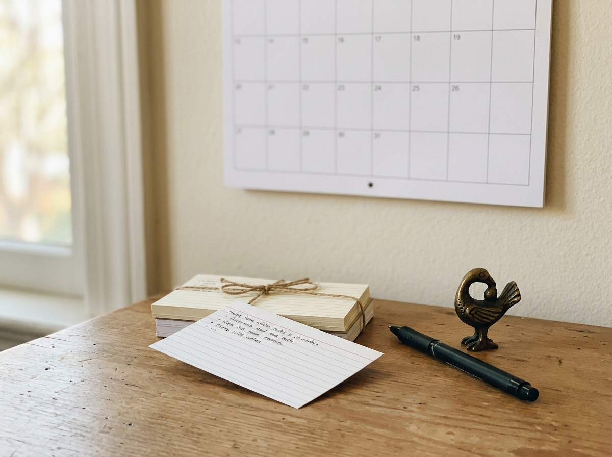 End-of-month review setup with calendar, index cards, pen, and a Sankofa bird