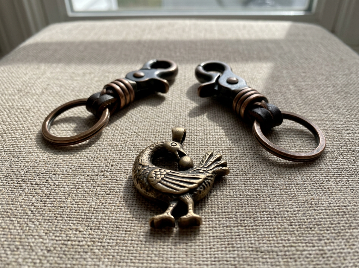 Objects arranged to show looking back and moving forward with a Sankofa token