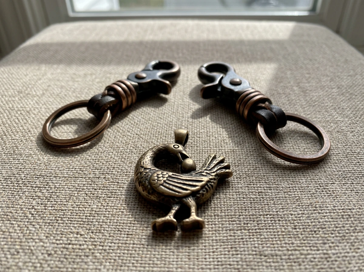 Objects arranged to show looking back and moving forward with a Sankofa token
