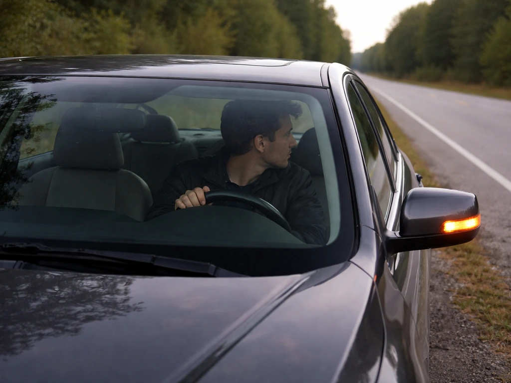 Car pulled over with hazards on; anonymous driver checks surroundings through the windshield on a quiet roadside.