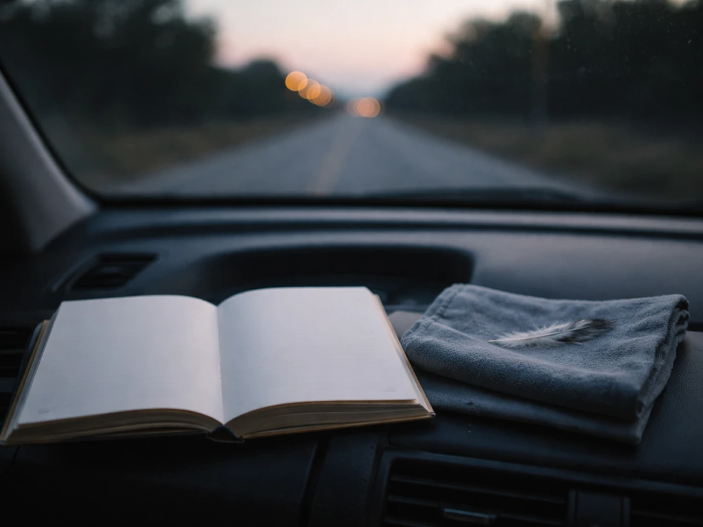 Open journal on a car dashboard with a small bird feather imprint, road ahead softly blurred