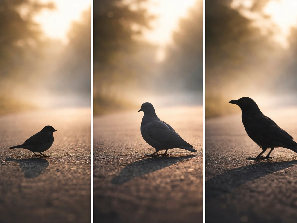 Morning road with three bird silhouettes (sparrow, dove, crow) in separate closeup frames.