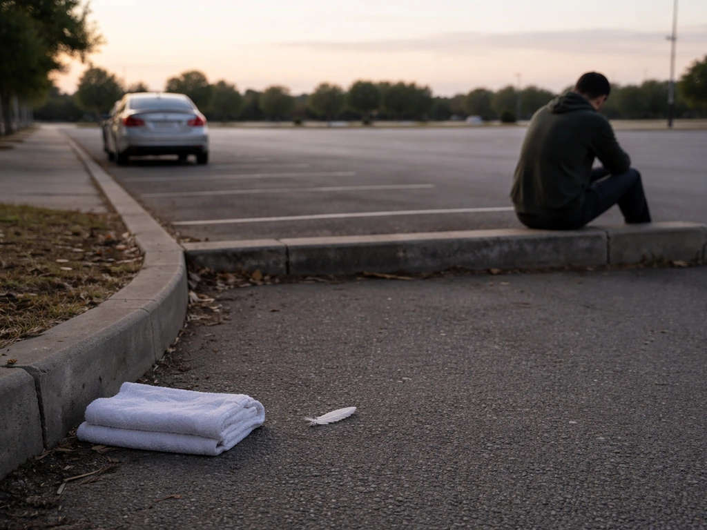 Quiet morning in a parking lot: hazards off, a folded towel/feather near the curb, and a person seated processing.