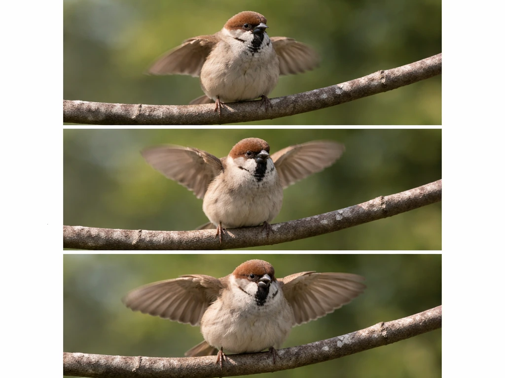Three simple scenes of a small bird flapping wings—excited and playful, then fluffed and defensive.