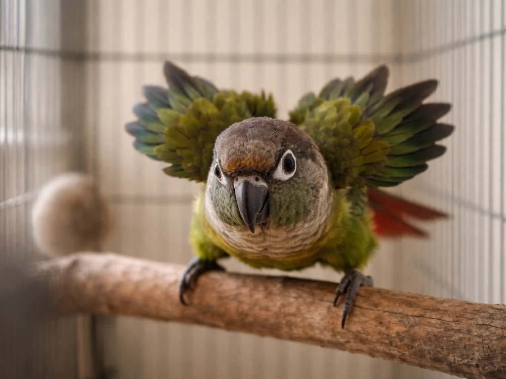 A parrot on a perch puffing feathers and flaring wings defensively near its cage boundary.