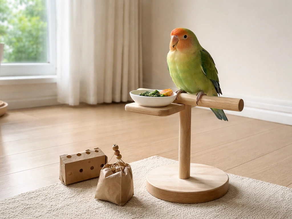Relaxed pet parrot perched beside a calm feeding dish with a few simple enrichment toys in a bright room.