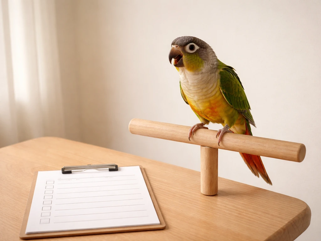 A small parrot with open-mouth breathing posture beside a blank vet-style checklist card.