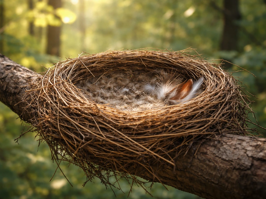 Close-up of a bird nest on a branch, softly lit with gentle natural light suggesting safety and home.