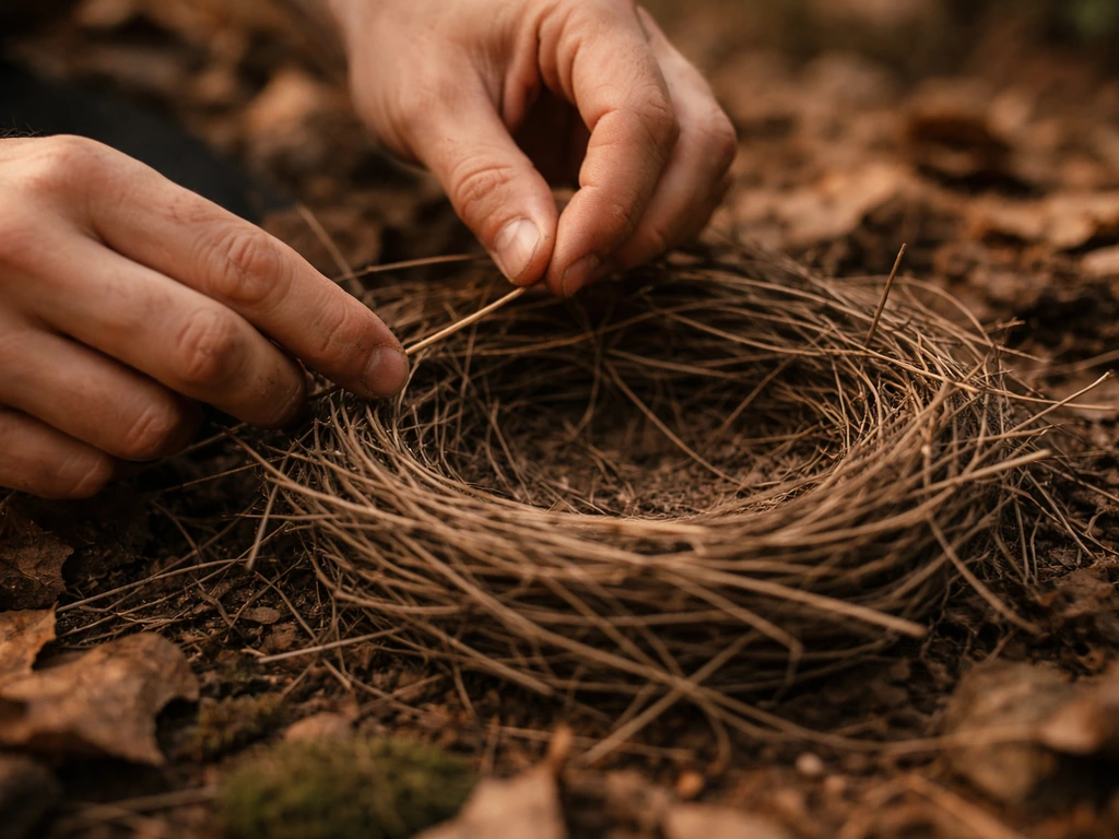Anonymous hands weaving twigs and grasses into a bird nest on the forest floor.