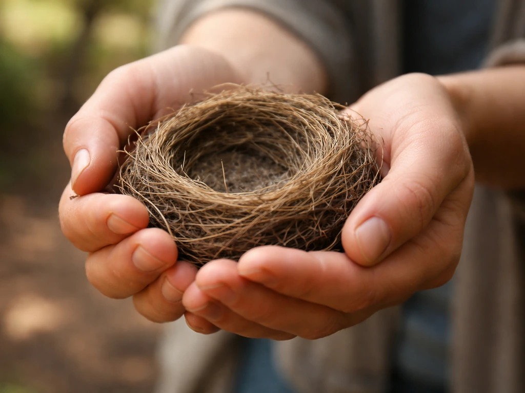 Close-up of careful hands holding a small woven bird nest, outdoors in soft natural light.