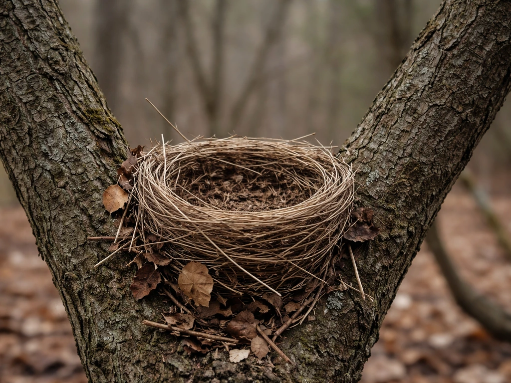 Empty abandoned bird nest on a branch with muted colors and a quiet, pause-like mood.