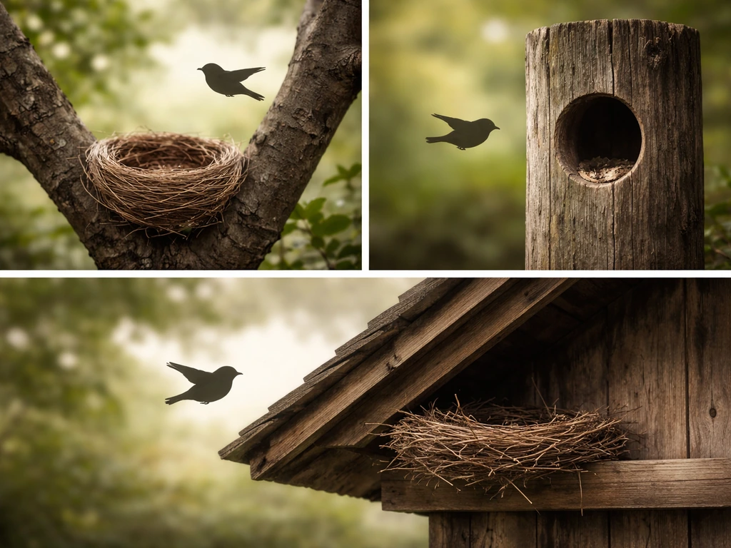 Three bird nest types on branches and eaves with simple bird silhouettes, showing different shapes and placements.