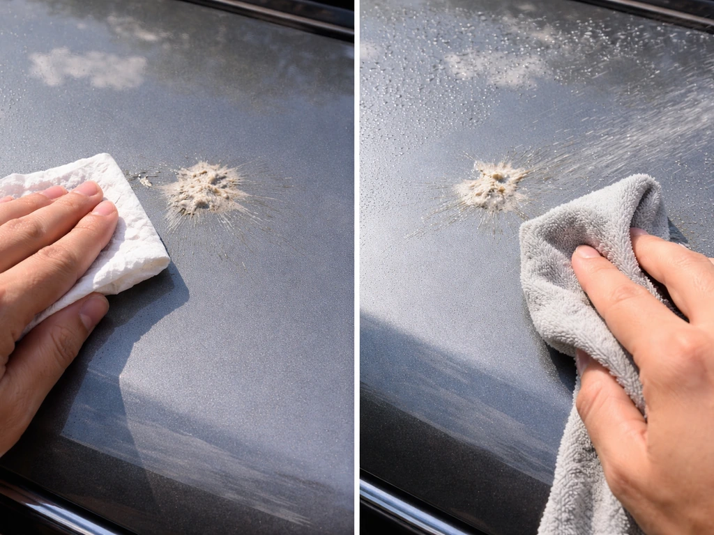 Close-up of car paint showing dry wiping smears vs gentle rinsing that removes droppings cleanly.