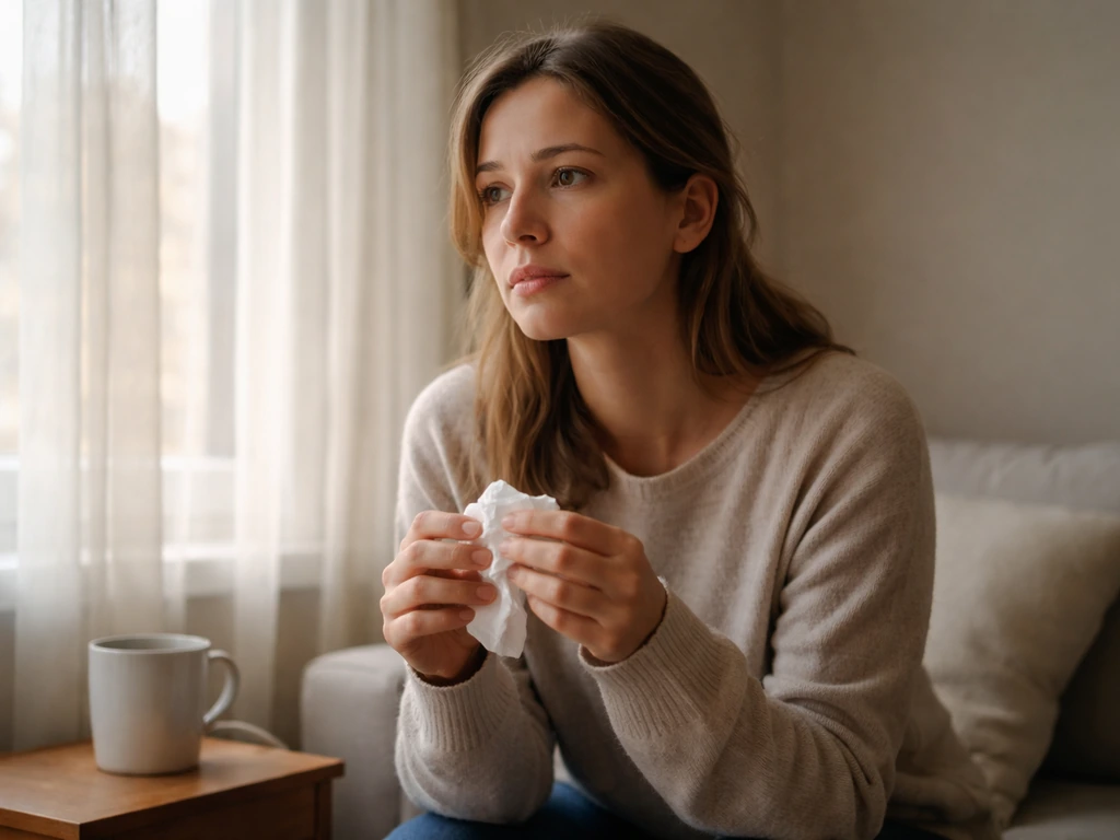 Person indoors near a window, holding a tissue, with a mild concerned look about respiratory health.