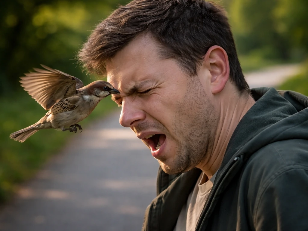 A small bird pecks near a person’s temple as they recoil, dramatic but non-violent moment