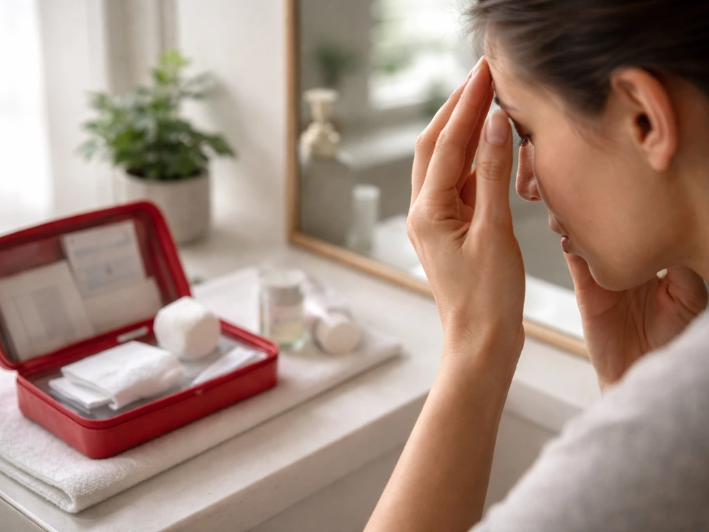 Hands gently checking face for injury beside an open first-aid kit in a bright bathroom.