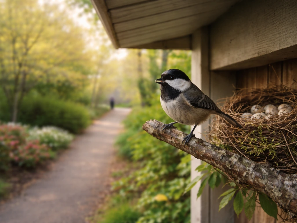 A bird perched near a nest under a porch eave by a walkway, with a distant person blurred in the background.