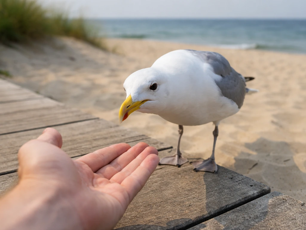 A seagull leans toward a person’s outstretched hand on a park boardwalk hand-feeding area.