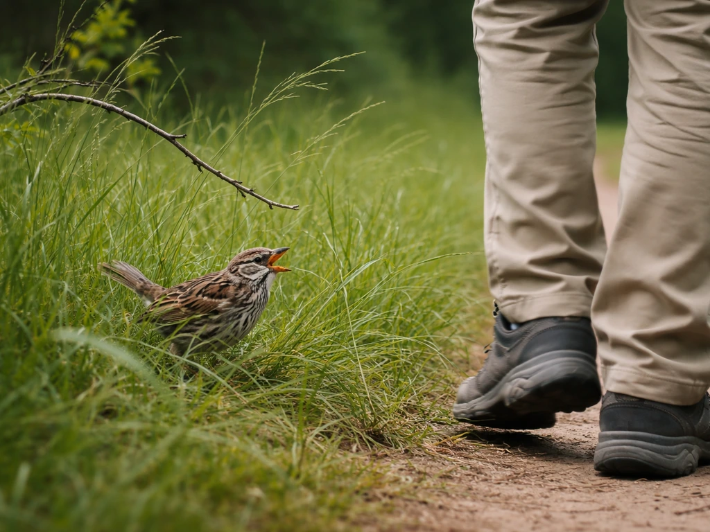 A startled bird defensively pecking as it’s accidentally bumped by a person walking through tall grass.