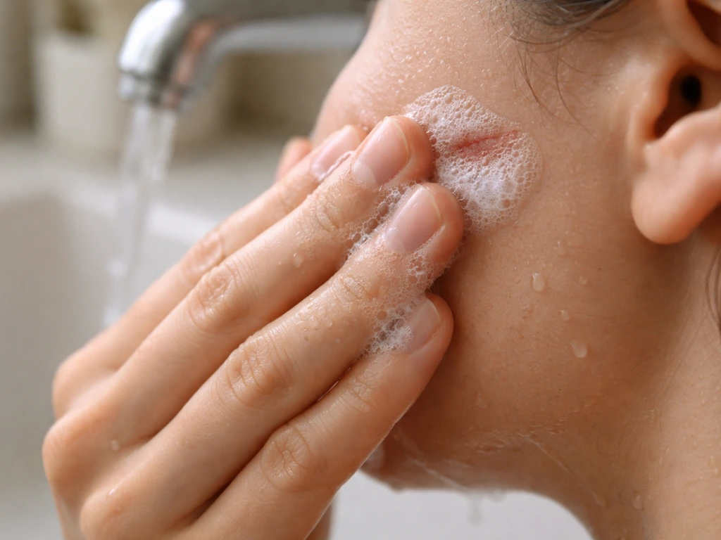 Close-up of hands gently washing a small facial scratch with soap and water, calm immediate care