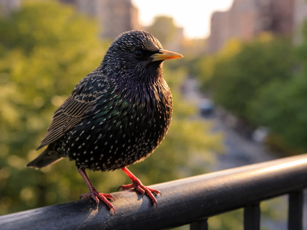 A starling perched on an urban railing in golden hour light, softly blurred city background.