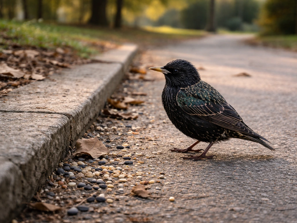 A European starling perched on a park path near small natural ground foraging spots.