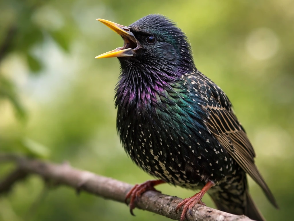 Close-up of a starling perched on a branch, mouth slightly open as it calls in natural light.