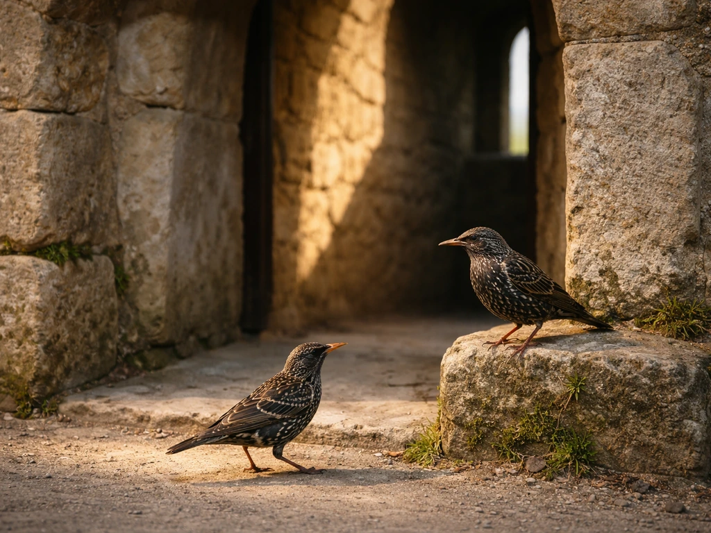 Two starlings perched and hopping near an old stone archway in soft natural light.