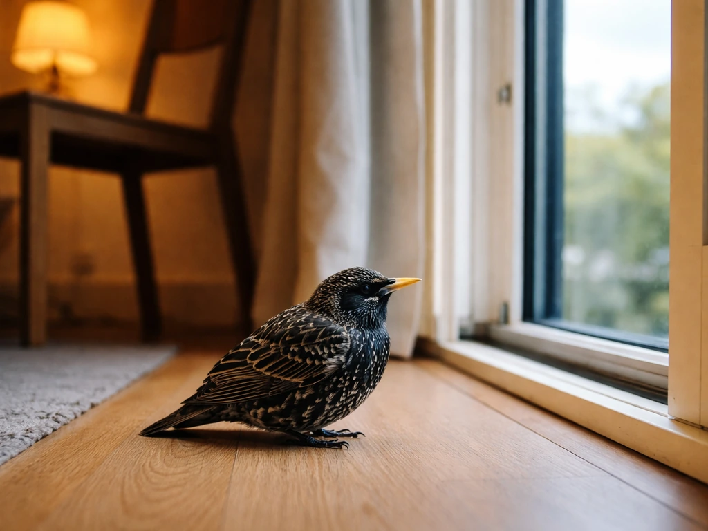 A distressed-looking starling perched near an open window in a quiet, safe indoor room.
