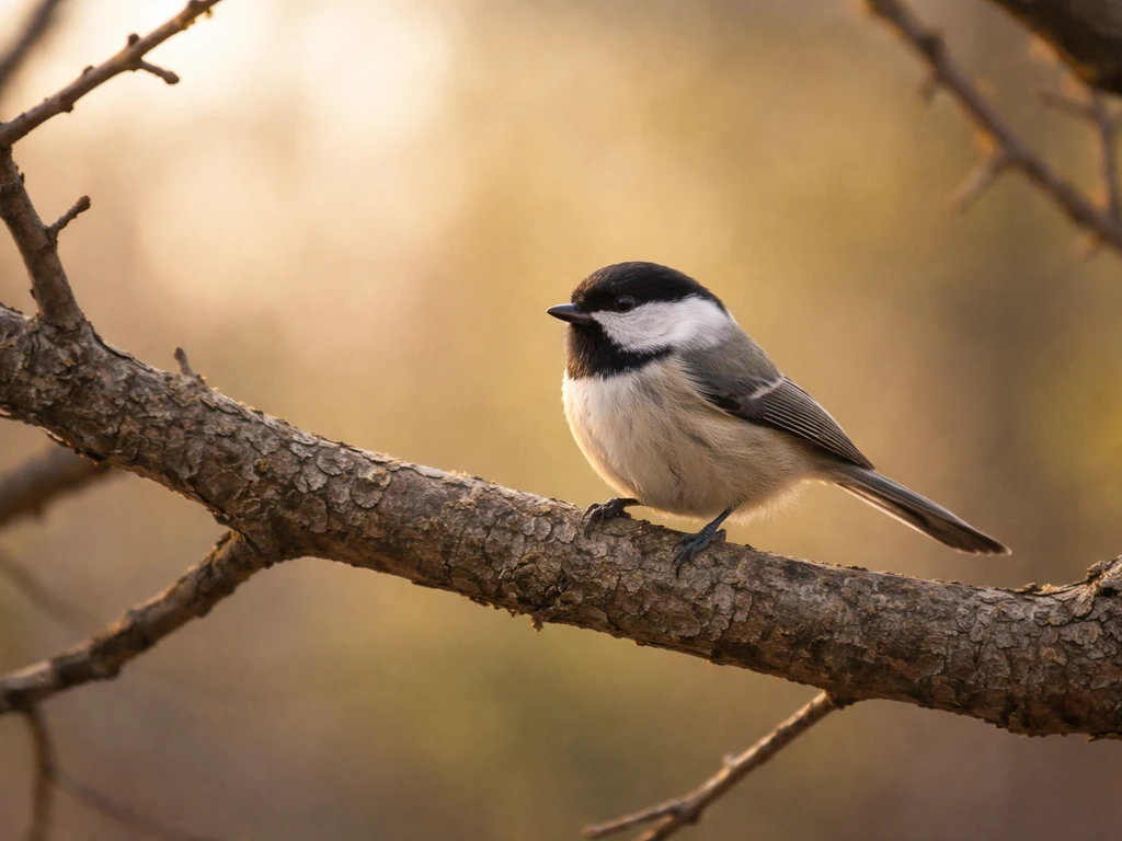 A small bird perched on a detailed tree branch in warm natural light.