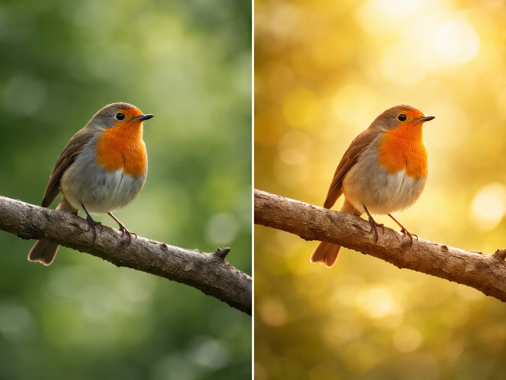 Split image: bird perched on a tree branch—left realistic daylight, right warm dreamy symbolic glow.