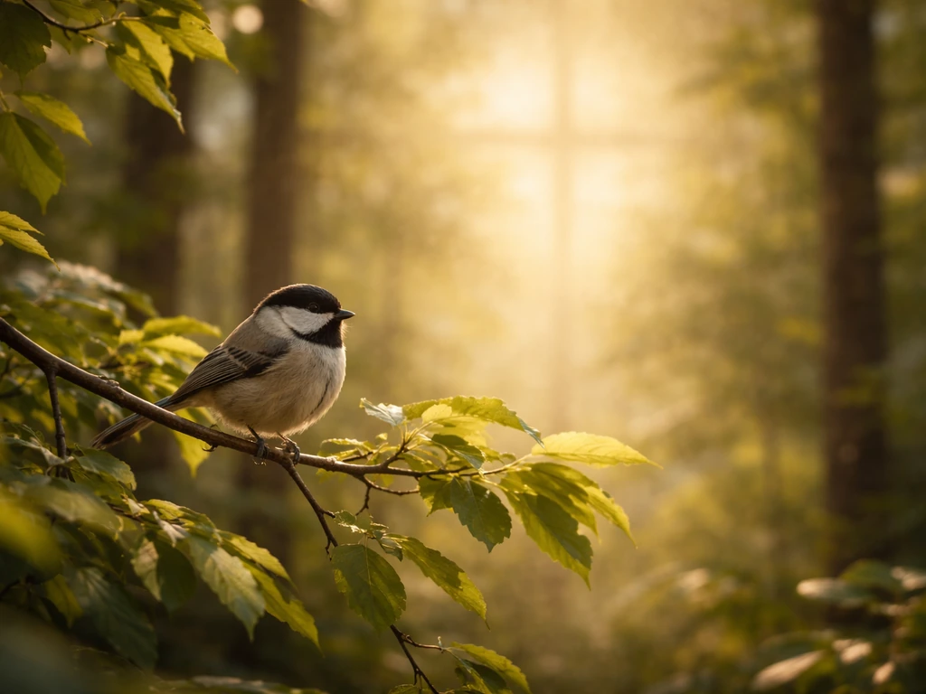 A bird perched on tree branches with an abstract, faint cross motif in the softly blurred background.
