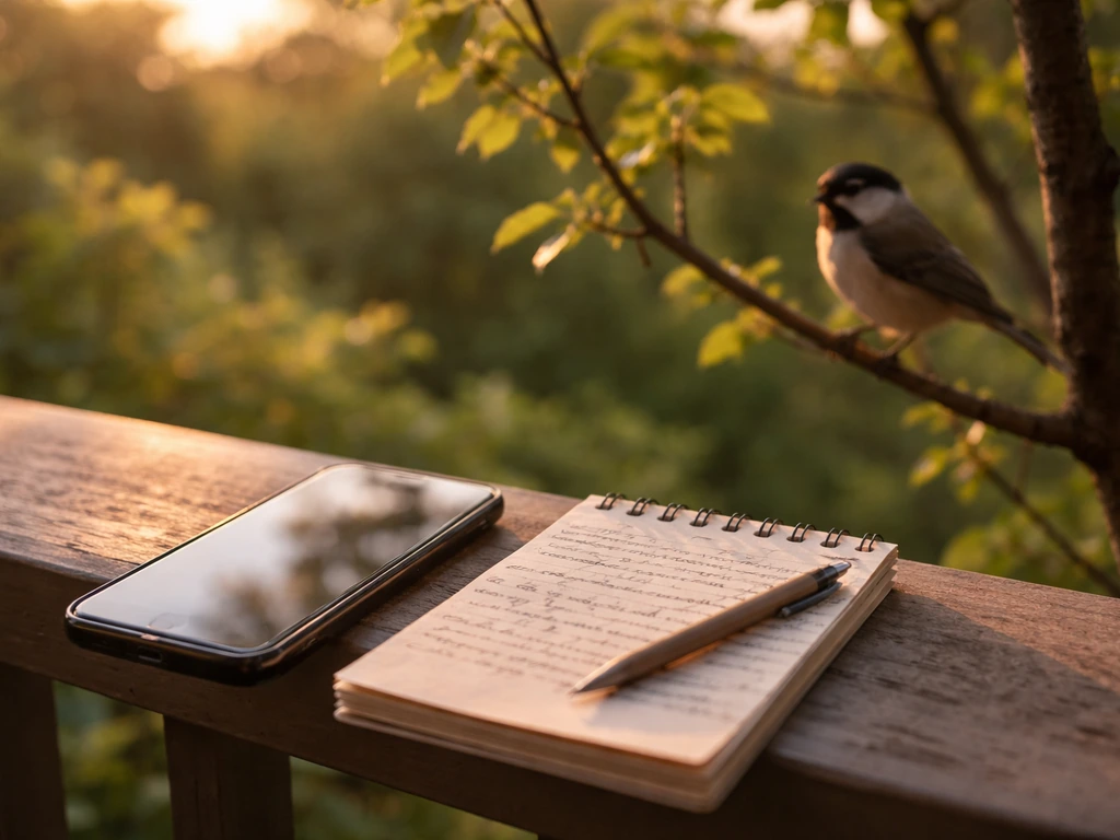 Close-up of a smartphone and notepad with handwritten prompts beside a small bird perched on a branch.