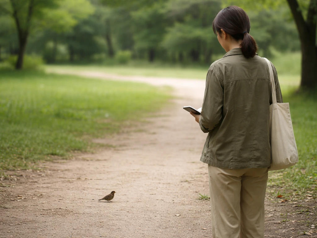Person from behind at a quiet park bench writing notes while watching a small bird nearby.