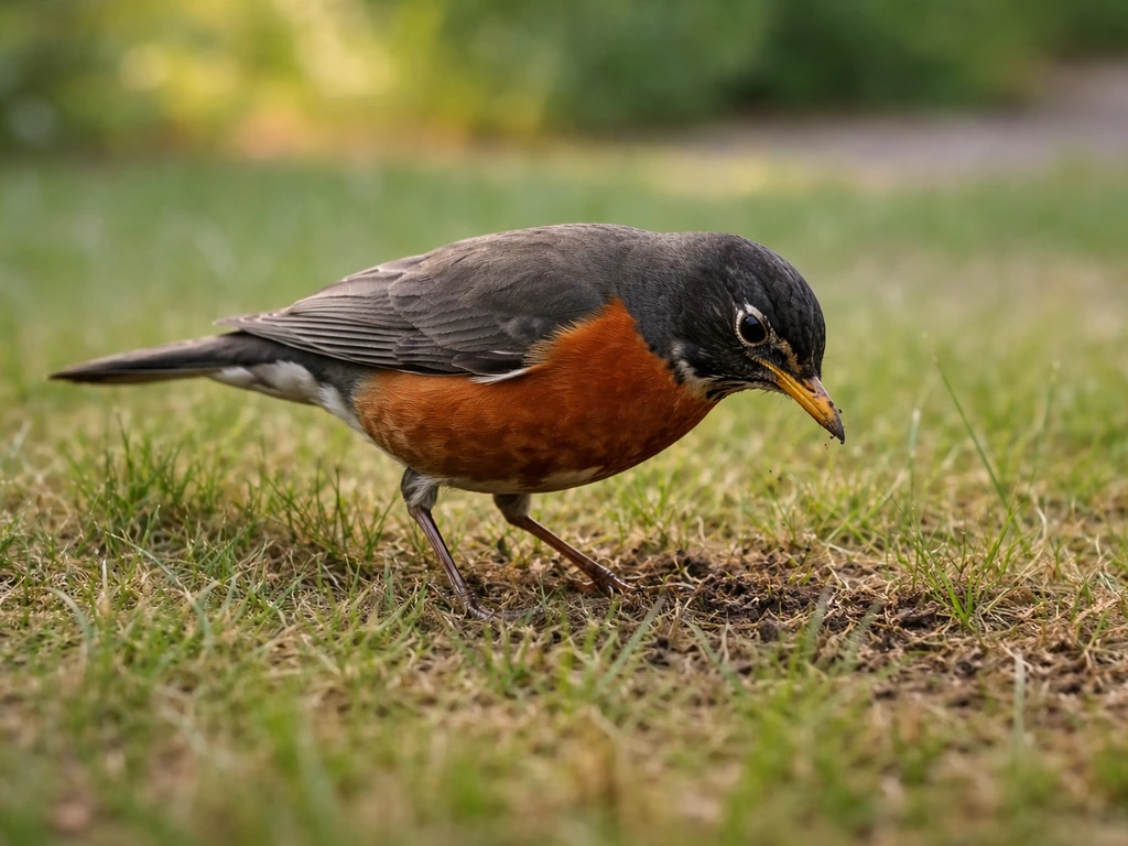 A wild robin on a lawn tilts its head toward the soil while foraging.